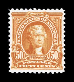 310, 50c Orange, an exceedingly choice post office fresh mint single, featuring gorgeous color that is unusually strong and bright, razor-sharp impression on pristine white
paper, plus it is remarkably well centered within large margins, its r