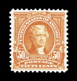 310, 50c Orange, a particularly handsome mint single that is precisely centered within large and well balanced margins, plus its color is unusually bright and fresh, full clean
o.g. that has been lightly hinged, extremely fine an especially dif