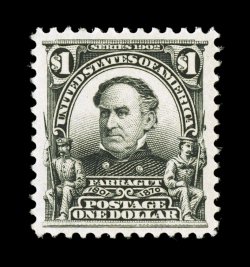 311, $1.00 Black, an especially handsome and choice mint single, remarkably well centered within large margins, deep luxuriant color and a crisp impression, o.g., lightly
hinged, extremely fine 1999 PF certificate and a 2007 PF certificate (XF