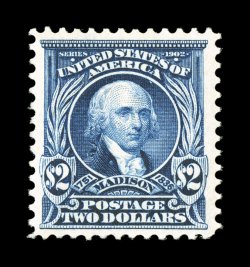 312, $2.00 Dark blue, deep prooflike color and impression on pristine white paper, very well centered amid unusually large margins, o.g., lightly hinged, extremely fine a rather
handsome example of this scarce value 1998 PF certificate.