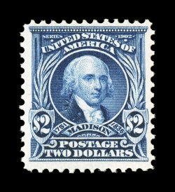 312, $2.00 Dark blue, deep rich color and an especially strong impression on fresh paper, large margins, pristine o.g., n.h., very fine never hinged examples of this stamp are
quite elusive 1998 PSE certificate.