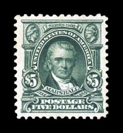 313, $5.00 Dark green, exceptionally well centered within very large margins, strong rich color and an excellent clarity of impression on fresh paper, o.g., lightly hinged, an
extremely fine and choice example of this very scarce high value 199