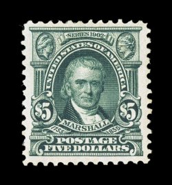 313, $5.00 Dark green, a lovely mint example of this scarce high value, wonderfully well centered within exceptionally large margins, rich luxuriant color and a highly detailed
impression, o.g., lightly hinged, extremely fine 1998 PF certificat