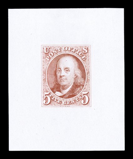 1TC3, 5c Scarlet vermilion, large die trial color proof on thin glazed card, measuring an impressive 44x54mm, unusually bright and fresh, extremely fine a very scarce and
extraordinarily handsome 1847 trial color proof.