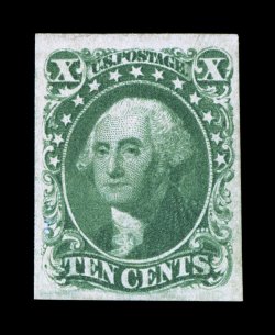 14, 10c Green, Ty. II, a handsome unused single that possesses large even margins all around, rich luxuriant color and a crisp detailed impression, extremely fine an especially
rare stamp in this premium quality 1991 PF certificate for a horiz