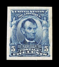 315, 5c Blue imperforate, large symmetrical margins all around, deep intense color and impression, pristine o.g., n.h., extremely fine gem 1984 PF certificate for a pair, this
being the right stamp, a 2000 PF certificate for the single, and a 2