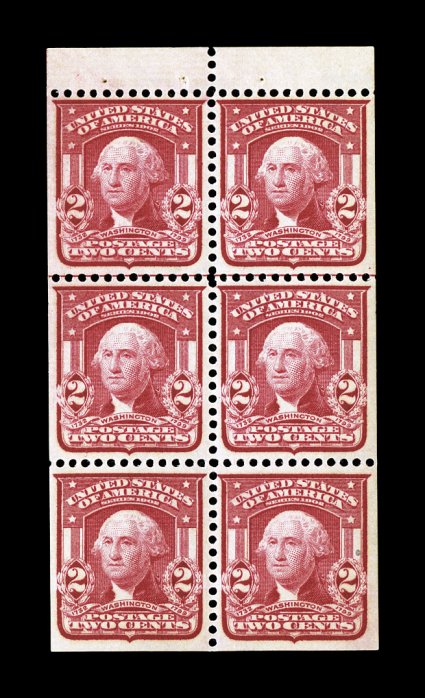 319q, 2c Lake, type II, booklet pane of six, position E, with guide line between first and second rows, uncharacteristically well centered, rich fresh color, o.g., n.h., light
inclusion speck in bottom right stamp, extremely fine.
