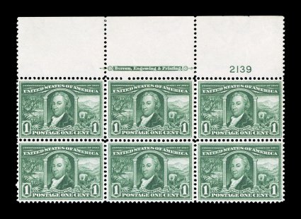323, 1c Louisiana Purchase, full top margin imprint and plate no. 2139 block of six, outstanding centering, sumptuously rich color on fresh paper, pristine o.g., n.h., a couple
rejoined perfs. at the very top of the selvage, extremely fine.