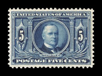326, 5c Louisiana Purchase, large and wonderfully well balanced margins all around, intensely rich color and an outstanding impression, unblemished o.g., n.h., extremely fine an
especially desirable gem quality Five Cent Louisiana Purchase 199