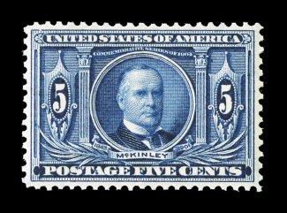 326, 5c Louisiana Purchase, nicely centered, deeply rich color and a sharp impression, o.g., n.h., extremely fine 2000 PF certificate and a 2006 PSE certificate (VF-XF 85 SMQ
$410.00).