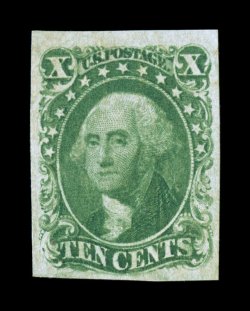 14, 10c Green, Ty. II, four large to very large margins, rich bright color and a well defined impression, large part o.g., light facial scuff and a trivial corner crease, neither
of which distract from this rare mint stamps extremely fine appea