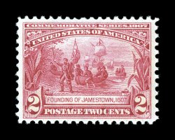 329, 2c Jamestown, well centered within remarkably large margins for this always difficult series, deep rich color, o.g., n.h., extremely fine 2006 PSE certificate (VF-XF 85
Jumbo SMQ $155.00 for 85 and $280.00 for 90).