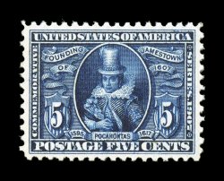 330, 5c Jamestown, a gem mint example of this notoriously difficult commemorative, with virtually perfect centering amid very large margins, especially deep and luxuriant color,
plus a razor-sharp impression contribute to the exceptional overall