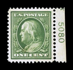 331, 1c Green, rich margin plate no. 5080 single, especially well centered within lavish margins, bright fresh color, flawless o.g., n.h., extremely fine 2007 PSE certificate
(XF-Superb 95 SMQ $290.00).
