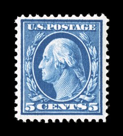 335, 5c Blue, uncharacteristically well centered and margined, deep rich color and an intense impression, o.g., n.h., extremely fine photocopy of a 2000 PF certificate for a
block of four, this being the bottom right stamp.