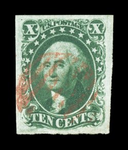 14, 10c Green, Ty. II, a gorgeous used example, featuring exceedingly large margins all around, deep intense color and a prooflike impression, wonderfully cancelled by a bright
red grid pmk., an extremely fine gem 1980 and 2003 PF certificates,