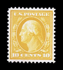 338, 10c Yellow, exceptionally well centered within large balanced margins, brilliantly rich color, o.g., n.h., extremely fine 2007 PF certificate (XF 90 SMQ
$540.00).