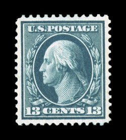 339, 13c Blue green, a highly desirable mint example, being extraordinarily well centered within large margins, plus its color is especially rich and luxuriant, strong
impression on fresh paper, immaculate o.g., n.h., extremely fine and uncommon