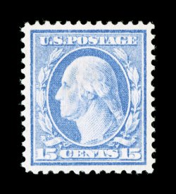 340, 15c Pale ultramarine, an incomparable mint example of this particularly difficult value, being in a condition that few (if any) others can compare, featuring mathematically
precise centering amid uncharacteristically large margins, wonderfu
