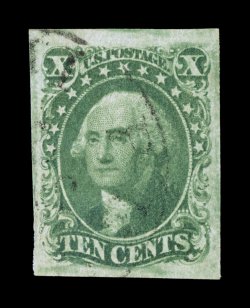 14, 10c Green, Ty. II, large to very large margins all around, especially bright color, uncommonly light and unobtrusive cancel, extremely fine a highly desirable used example
2003 PF certificate.