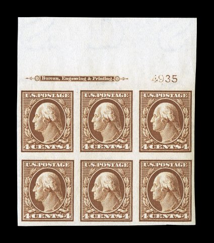 346, 4c Orange brown imperforate, full top margin imprint and plate no. 4935 block of six, large margins all around, deep rich color, o.g., n.h., extremely
fine.