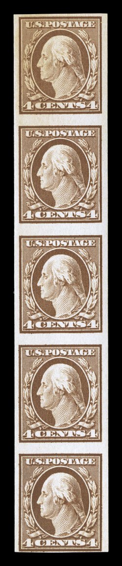 346V, 4c Orange brown imperforate coil, strip of five, wide margins, strong rich color, o.g., n.h., extremely fine 1997 PF certificate and a 2007 PSE certificate cataloged as a
strip of four.