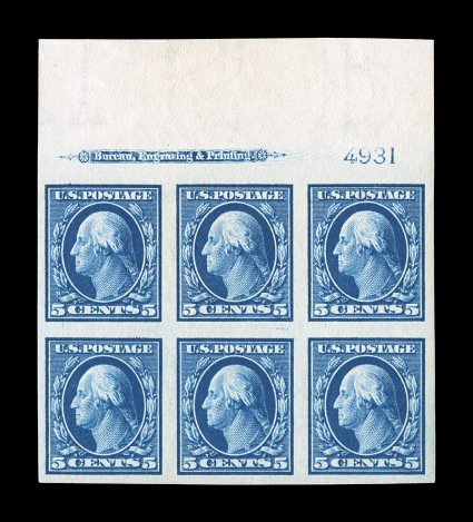 347, 5c Blue imperforate, select full top margin imprint and plate no. 4931 block of six, very large margins all around, deep luxuriant color, o.g., n.h., extremely fine a gem
plate block ex-Fogelson.