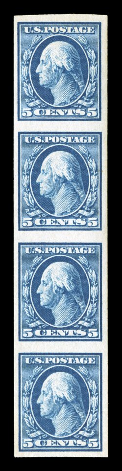347V, 5c Blue imperforate coil, strip of four, bright fresh color, large margins, o.g., n.h., extremely fine and scarce 2007 PSE certificate.