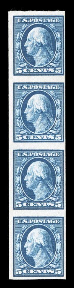 347V, 5c Blue imperforate coil, strip of four, full to large margins, brilliantly fresh, o.g., n.h., very fine 2007 PSE certificate.