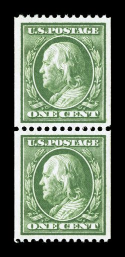348, 1c Green coil, perf. 12 horiz., choice mint pair, extraordinarily well centered within lavishly large margins, beautiful rich color and a highly detailed impression on
bright white paper, pristine o.g., n.h., extremely fine 1993 PF certifi