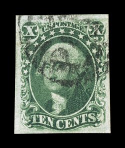 15, 10c Green, Ty. III, used, four large margins, strong color and a well defined impression, town cancel, extremely fine 2006 PF certificate (XF 90 SMQ $415.00).