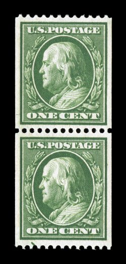 348, 1c Green coil, perf. 12 horiz., mint pair, very well centered within large margins, strong color, o.g., n.h., extremely fine 2007 PSE certificate (XF 90 SMQ
$335.00).