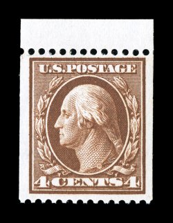 350, 4c Orange brown coil, perf. 12 horiz., mint single with paste-up tab at top, incredibly bright and fresh, nicely centered within extra-large margins, o.g., n.h., very fine
2003 PF certificate for a pair, this being the top stamp.