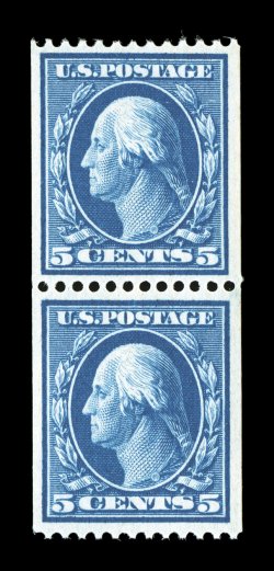 351, 5c Blue coil, perf. 12 horiz., mint pair, excellent centering within large margins, deep intense color and a vivid impression on immaculate white paper, flawless o.g.,
n.h., extremely fine a gem coil pair 1993 PF certificate for a strip o