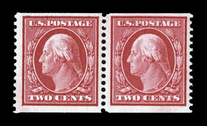 353, 2c Carmine coil, perf. 12 vert., mint pair, brilliant color, nicely centered within wide margins, o.g., left very lightly hinged, right stamp never hinged with small gum
skip, very fine photocopy of a 2004 PF certificate for a strip of fou