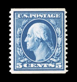 355, 5c Blue coil, perf. 12 vert., fresh mint single, well centered, strong rich color, o.g., lightly hinged, very fine 1997 PSE certificate for a pair, this being the right
stamp.