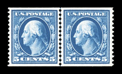 355, 5c Blue coil, perf. 12 vert., a magnificent quality guide line pair that is in the finest attainable quality, possessing perfect centering and being particularly well
margined, plus this pairs overall freshness and brilliance could not be