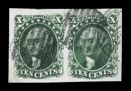 15, 10c Green, Ty. III, remarkably choice used horizontal pair, possessing extraordinarily large margins all around, especially deep intense color and sharp detailed impression,
each stamp with very light central strike of a circular black grid