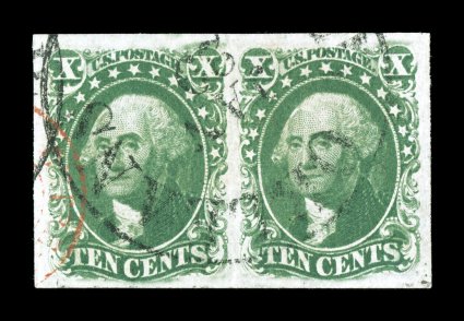 15, 10c Green, Ty. III, handsome used pair, large to very large margins all around, lovely fresh color and a well defined impression on bright paper, light New Orleans c.d.s. and
part of a red French transit pmk., extremely fine 2004 PF certifi