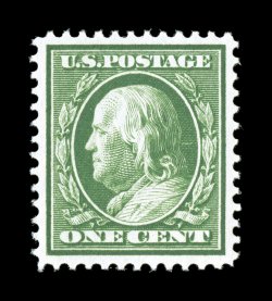 374, 1c Green, exceedingly well centered and margined, brilliant color on fresh white paper, pristine o.g., n.h., extremely fine 2007 PSE certificate (XF-Superb 95 SMQ
$245.00).