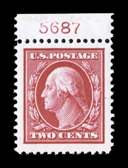 375, 2c Carmine, a spectacular mint top margin plate no. 5687 that possesses margins of enormous size, and is incredibly well centered within these extraordinary borders,
dazzling color that is especially deep and vibrant, intense impression on