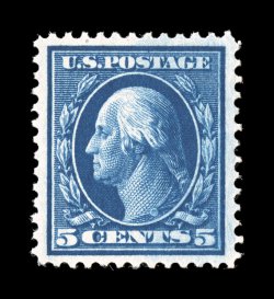378, 5c Blue, particularly well centered within wide margins, sumptuously rich color and a crisp impression, pristine o.g., n.h., extremely fine 2005 PSE
certificate.