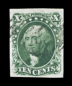 16, 10c Green, Ty. IV, recut at top, position 86L1, premium used example which possesses four large to extra-large margins, rich luxuriant color and a crisp detailed impression
on bright paper, light unobtrusive grid cancels, extremely fine a p
