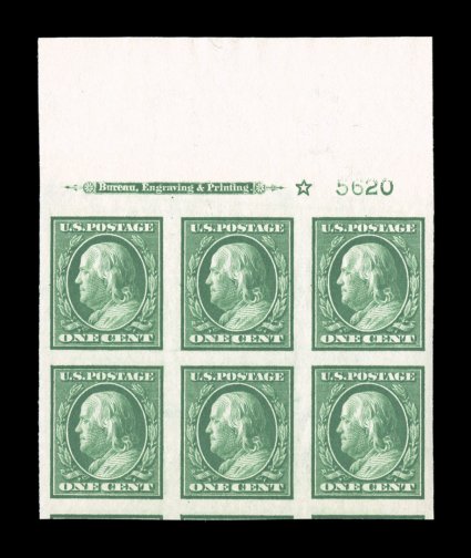 383, 1c Green imperforate, gem full top margin imprint, star and plate no. 5620 block of six, lavishly large margins all around, including showing a small portion of three
adjoining stamps at bottom, brilliantly fresh, strong rich color, o.g., n