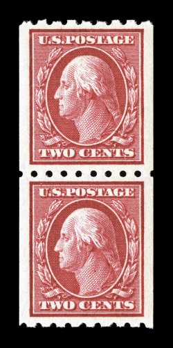 391, 2c Carmine coil, perf. 8 12 horiz., mint pair, well centered within uncommonly wide margins, vibrant color, o.g., n.h., extremely fine 1996 PF certificate and a 2007 PSE
certificate (VF-XF 85 SMQ $370.00).