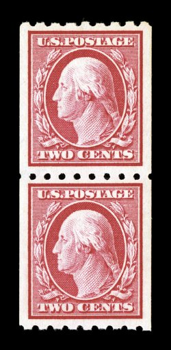 391, 2c Carmine coil, perf. 8 12 horiz., mint pair, nicely centered within large margins, strong color, o.g., n.h., choice very fine 1988 PF certificate and a 2007 PSE
certificate (VF-XF 85 SMQ $370.00).