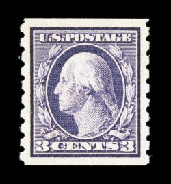 394, 3c Deep violet coil, perf. 8 12 vert., handsome mint single, extraordinarily well centered and margined, deeply rich color and a sharp impression, pristine o.g., n.h.,
extremely fine 2007 PF certificate (XF 90 SMQ $330.00).
