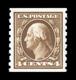395, 4c Brown coil, perf. 8 12 vert., exceptionally well centered within very large margins, rich luxuriant color and a well defined impression, o.g., n.h., extremely fine a
premium quality coil single 2007 PF certificate (XF 90 SMQ $330.00)