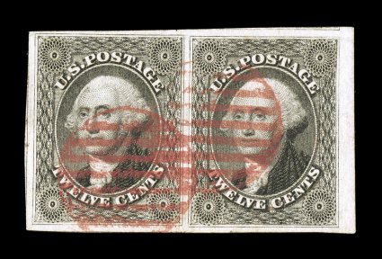 17, 12c Black, a magnificent quality used horizontal right sheet-margin pair, boasting huge margins all around including portions of two adjoining stamps, strong rich color and
an outstanding impression that is highly detailed, bright red grid c