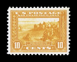 400, 10c Panama-Pacific, orange yellow, a highly select mint single, extraordinarily well centered within very large margins, brilliantly rich color and a strong impression,
fresh clean o.g., n.h., extremely fine a most impressive example 2007